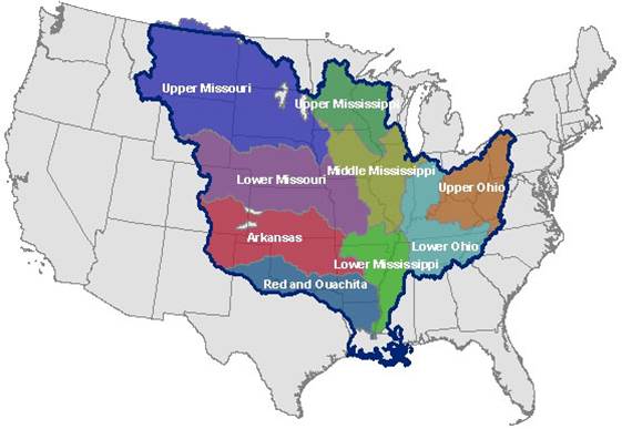 A large watershed, such as the Mississippi River, has many subwatersheds.